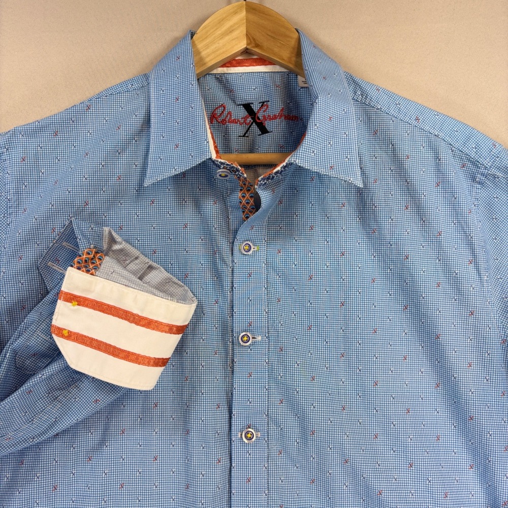 Robert Graham Shirt Mens Large Blue Micro Pattern Contrast Flip Cuff Stretch EUC